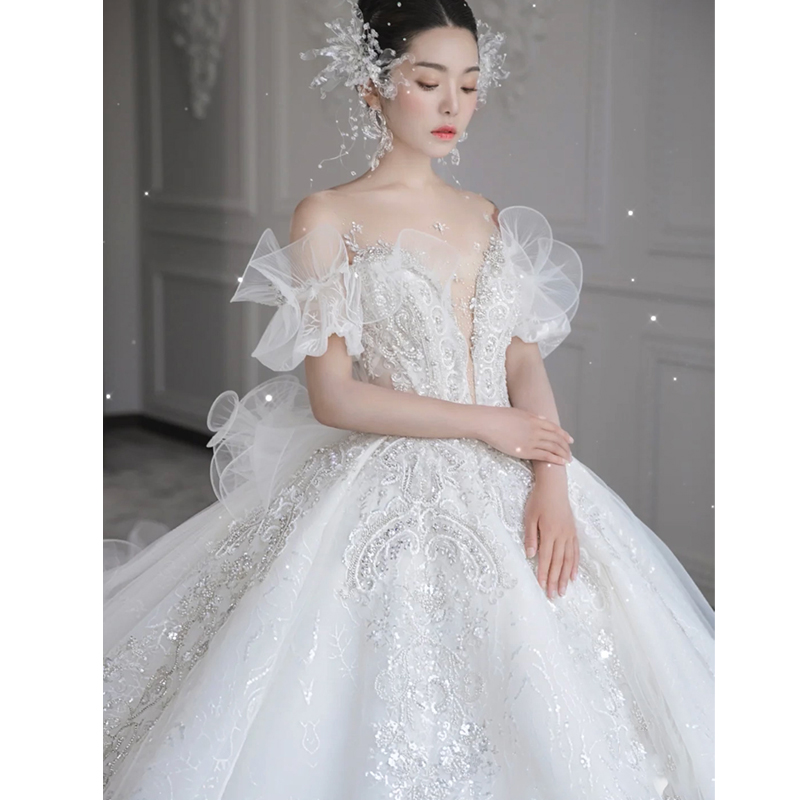 French Wedding Dress 2021 New Bridal Word Shoulder Heavy Industry Luxury Court Style Big Tail Premium Sense Main Yarn 2022