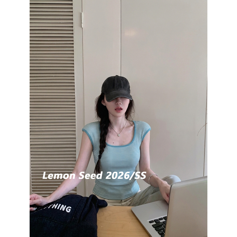 Lemonseed/2026Ss Casual and Versatile Blue Striped T-Shirt, Summer Slim-Fit Knit Top Lemonseed/2026Ss Casual and Versatile Blue Striped T-Shirt, Summer Slim-Fit Knit Top