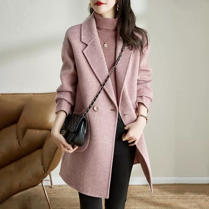 Korean-Style Elegant Thickened Woolen Coat, 2026 Autumn and Winter New Stylish High-End Herringbone Pattern Mid-Length Coat for Women