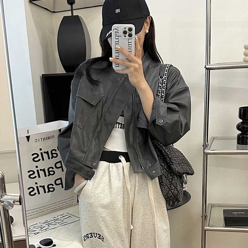 Pu Leather Jacket for Women, Short Style, 2025 Spring and Autumn New Popular Style, Hong Kong Style Cool and Spicy Casual Leather Jacket, Biker Jacket Pu Leather Jacket for Women, Short Style, 2025 Spring and Autumn New Popular Style, Hong Kong Style Cool and Spicy Casual Leather Jacket, Biker Jacket