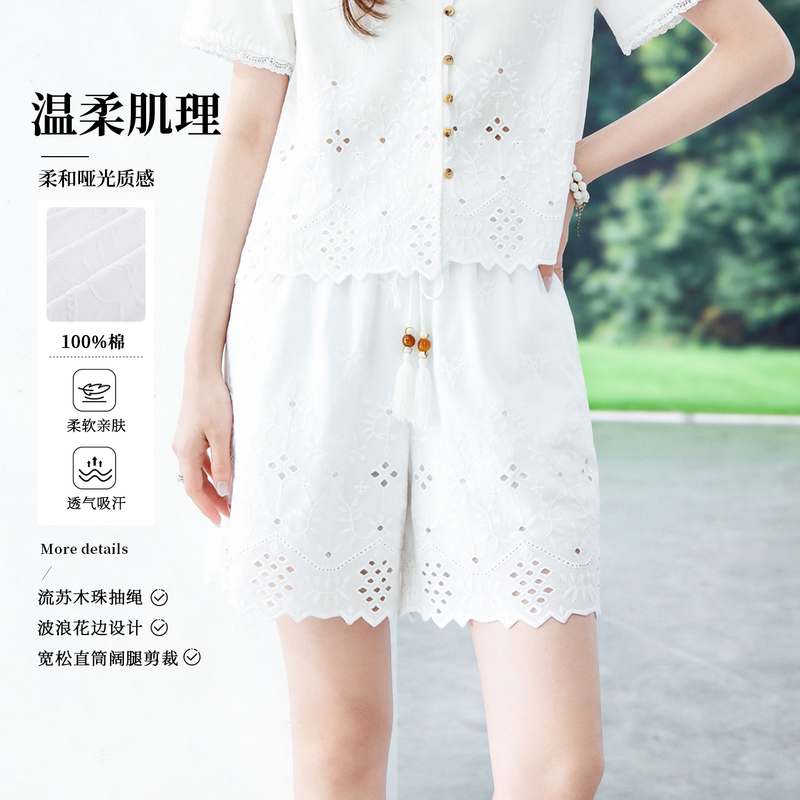 Bohemian Style Hollow-Out Embroidered Shorts for Women, Summer 100% Cotton, Tassel Wooden Bead Drawstring, Slimming Wide-Leg Five-Point Pants