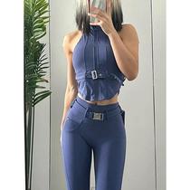 New motorcycle style cycling sports tops for women with tight-fitting chest pads yoga fitness clothes sports belts and peach suits