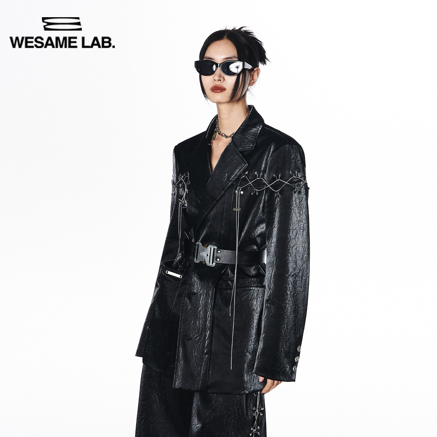 WESAME LAB suit designer high street retro vintage niche metal chain jacket leather jacket
