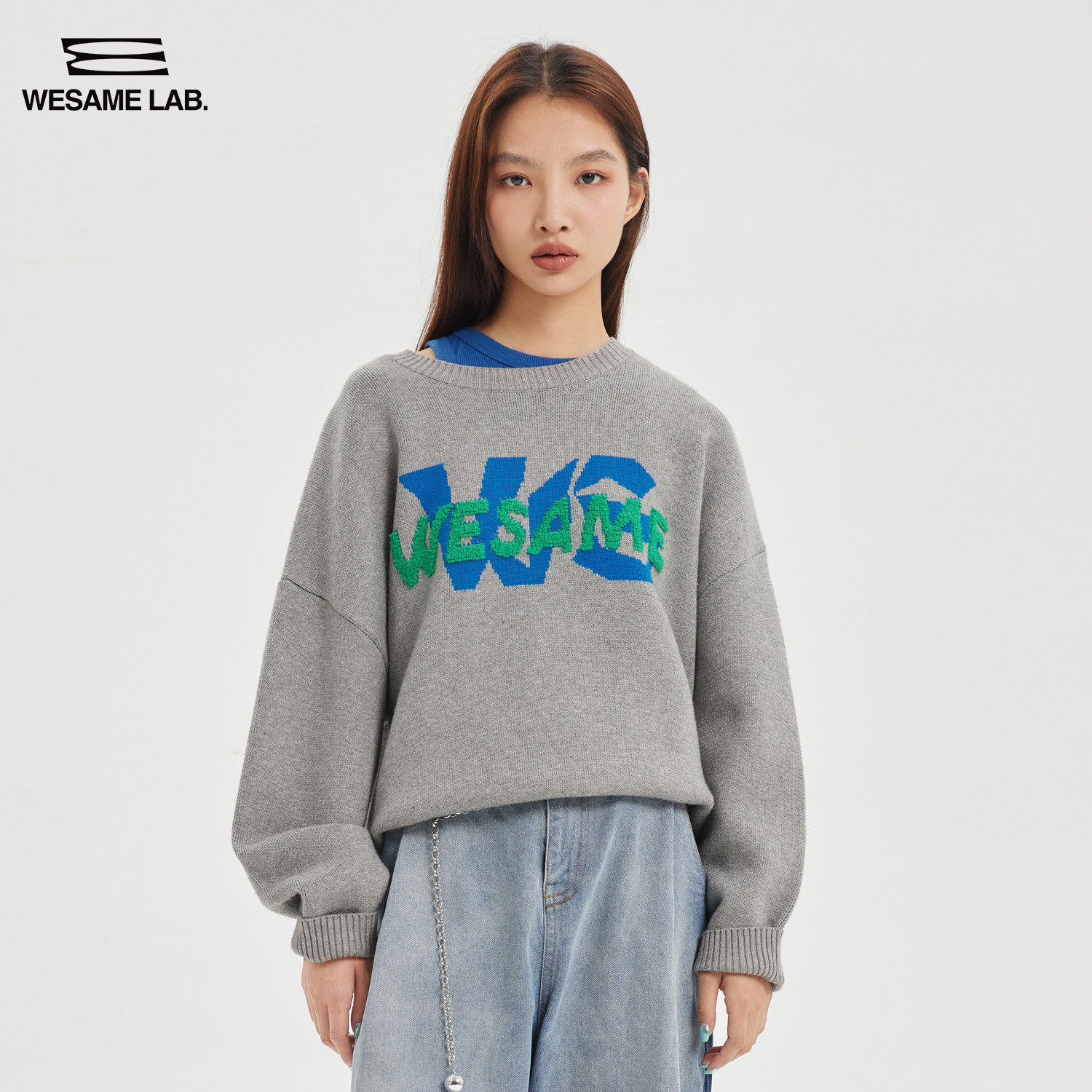 WESAME LAB basic knitted sweater embroidered round neck pullover sweater women's outer wear loose ins tide cool long sleeves