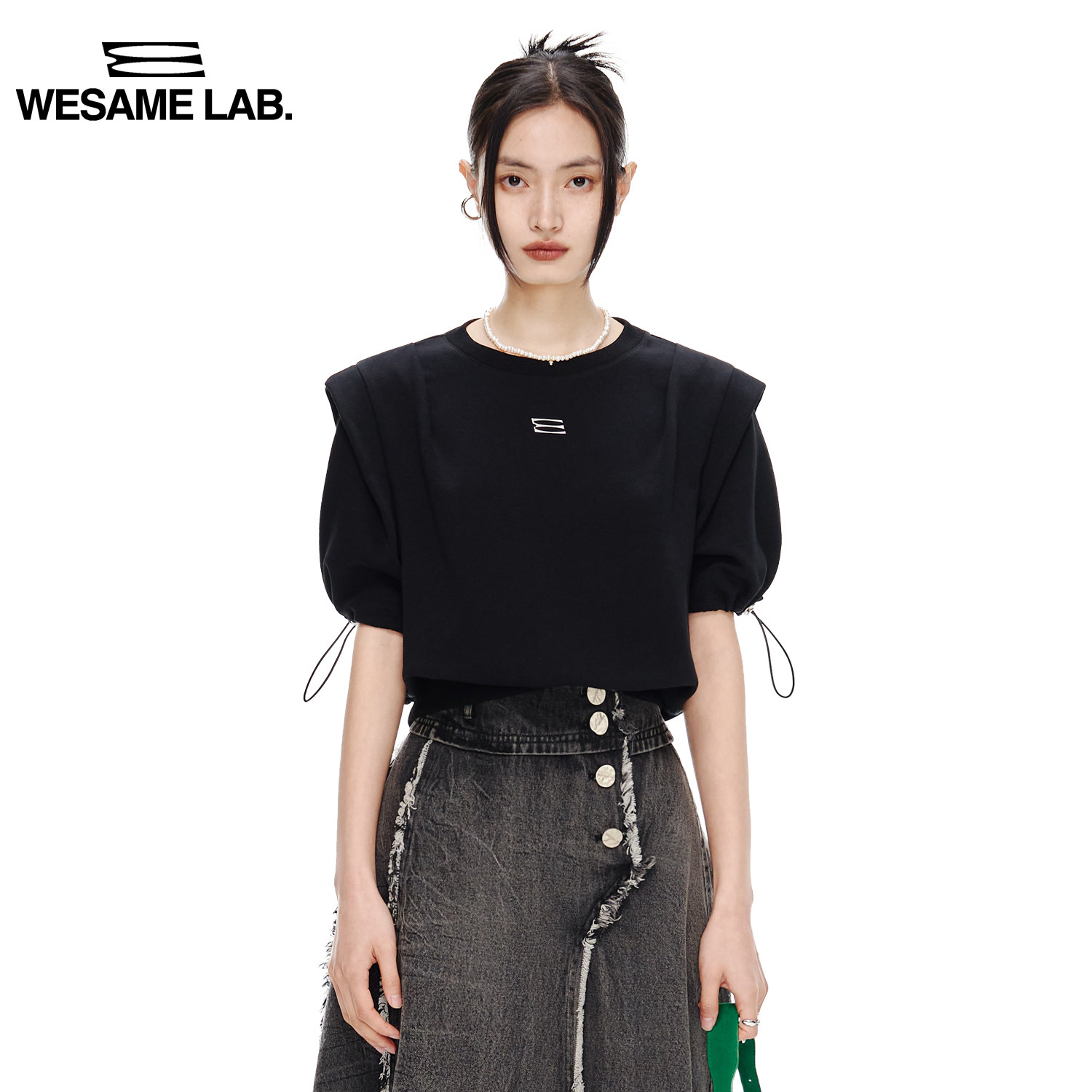 WESAME LAB original shoulder pads round neck short-sleeved T-shirt women's spring short bottoming shirt niche design top