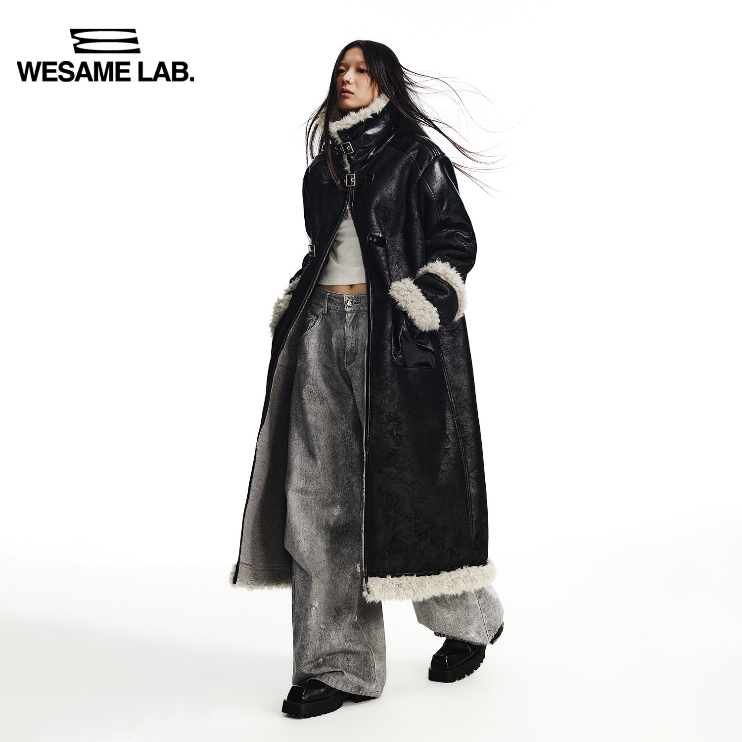 WESAME LAB autumn winter fashion black loose fur one-piece long wool side leather coat jacket woman-Taobao