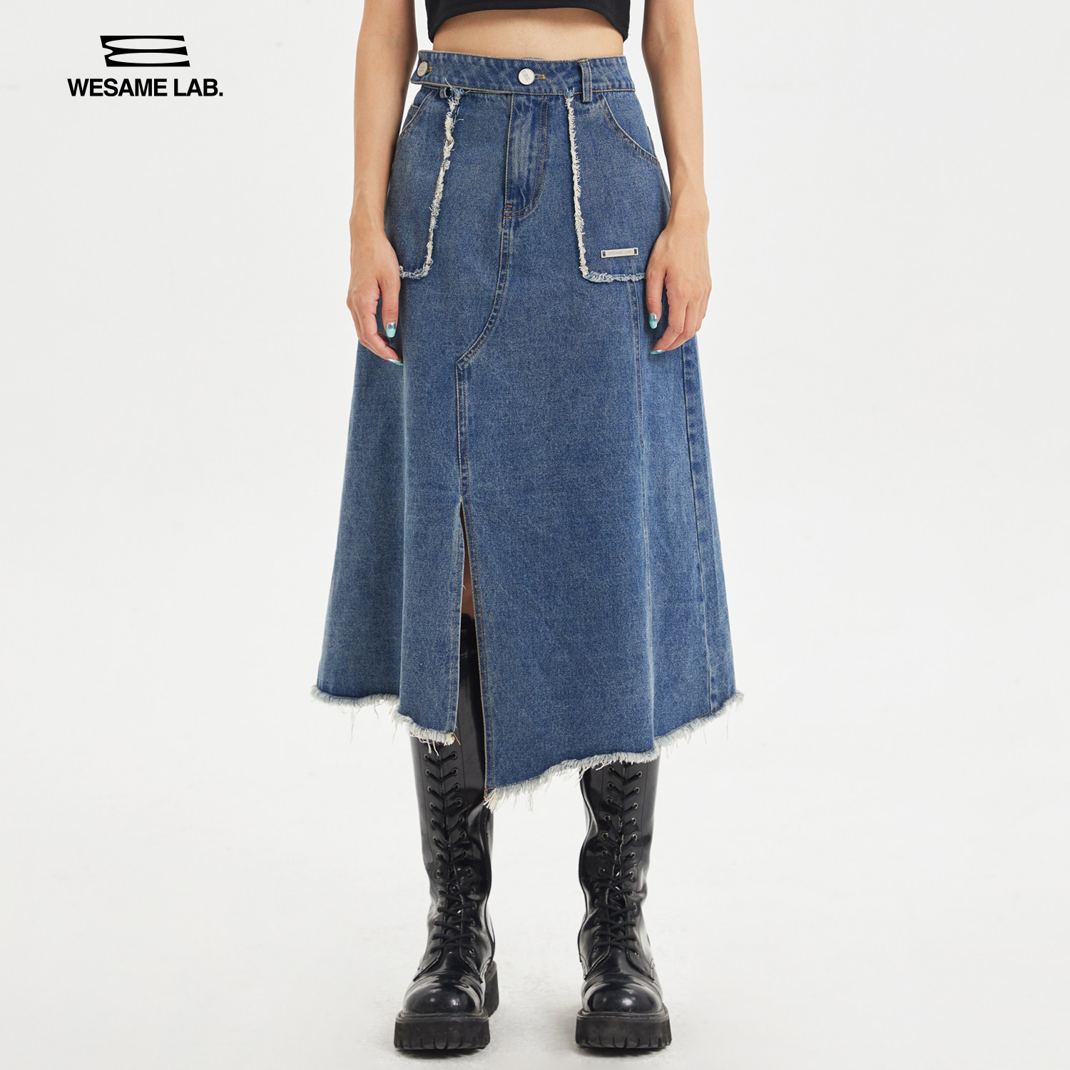 WESAME LAB niche original design retro raw skirt women's stitching mid-length slit denim skirt