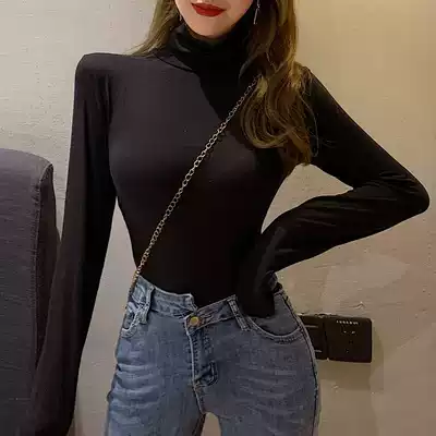 2021 new autumn and winter long sleeve with base shirt Moor cotton high collar slim high collar shirt big size T-shirt women