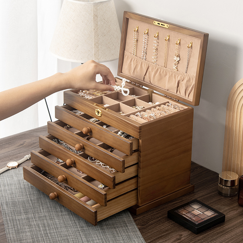 Solid wood jewelry large capacity with lock stud earrings necklace storage box wedding accessories box multi-layer exquisite