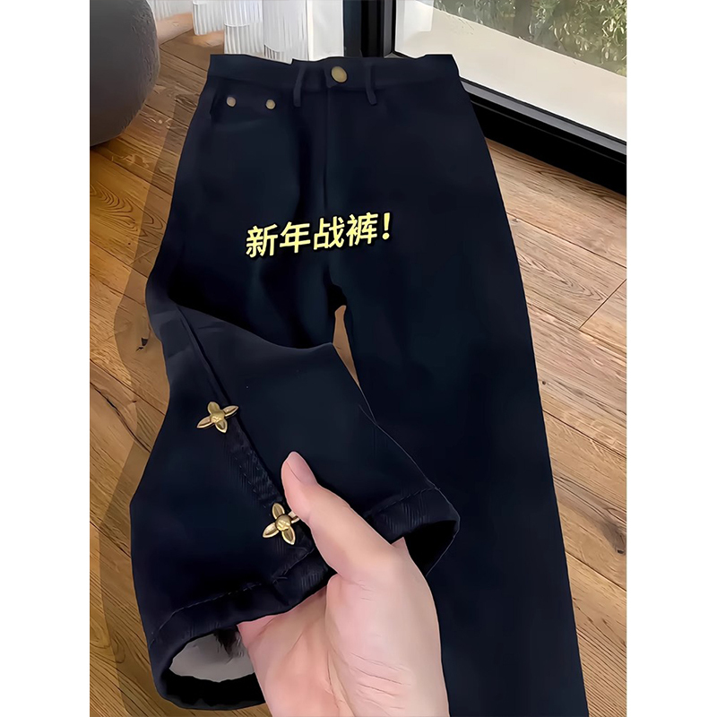 2026 Winter Fleece-Lined Black Straight-Leg Jeans for Women, Plus Size, Petite, High-Waisted, Stretchy, Cropped Cigarette Pants