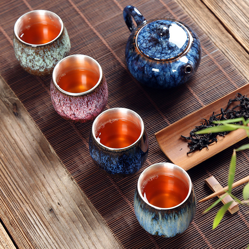 999 Sterling Silver Teacup Water Cup Ceramic Large Gilt Silv