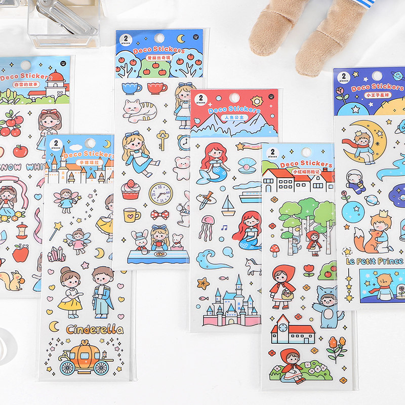 6 PET Stickers Adults' Fairy Tales Series Cute Characters Hand Ledger DIY Decorated Kindergarten Growth Brochure