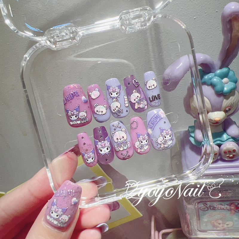 Yoyonail Handmade Wearable Nails Purple Glitter Kuromi Gradient Cat Eye Gel Nail Art Stickers