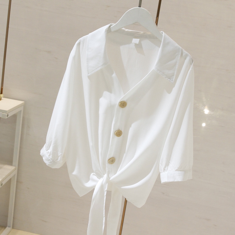 White V-Neck Mid-Sleeve Shirt for Women, New Summer Korean Style, Loose Fit, Slimming, Sun-Protective, Tie-Up Short Trendy Top White V-Neck Mid-Sleeve Shirt for Women, New Summer Korean Style, Loose Fit, Slimming, Sun-Protective, Tie-Up Short Trendy Top