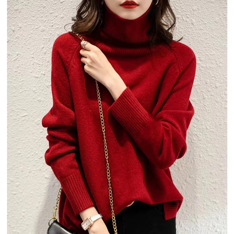 Christmas and New Year Red Turtleneck Knitted Wool Sweater, Autumn and Winter Thickened French-Style Elegant Lazy Pullover Sweater