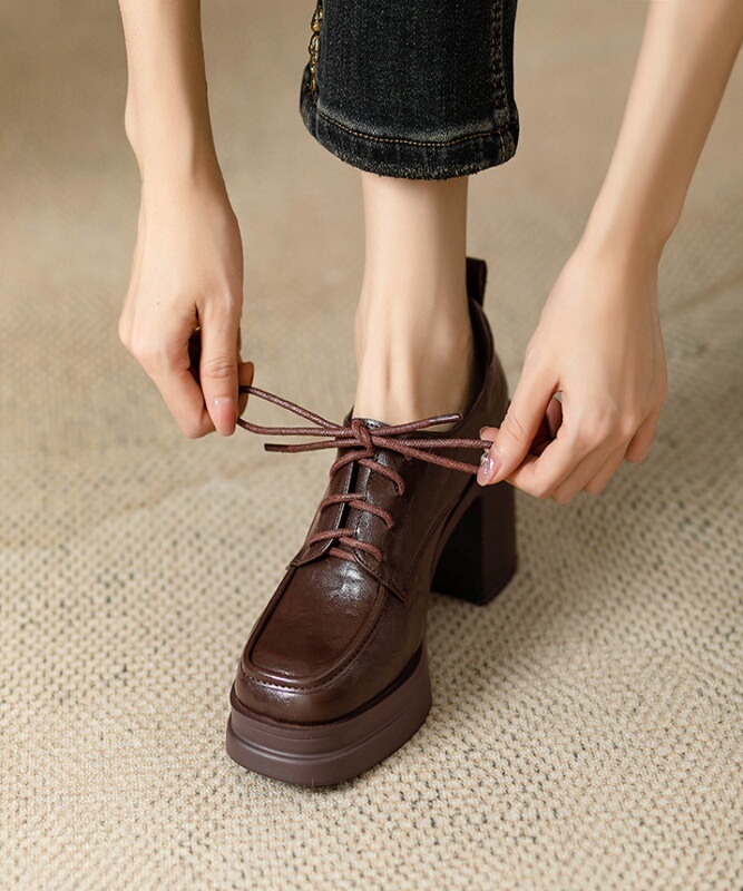 Super Comfortable Soft Thick-Soled Women's Genuine Leather Lace-Up Chunky Heel Small Leather Shoes Spring and Autumn 2026 New Brown High Heels