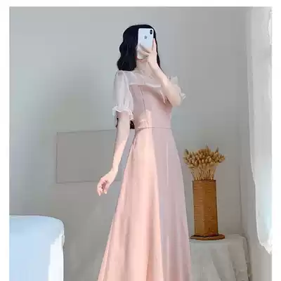 2021 summer new women's skirt French long version of the waist is thin first love sweet retro tenderness