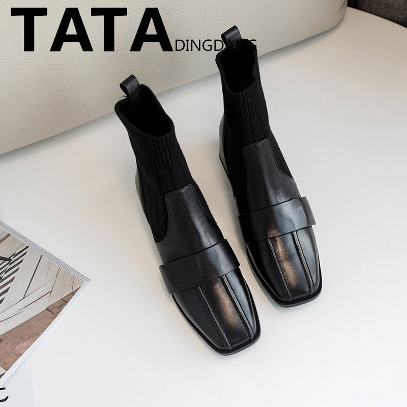 Tata Dingdang her shoes are leather boots female winter fragrance thin socks boots rough and Martin boots