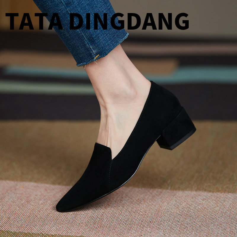 TATA DINGDANG with coarse and little fragrant wind single shoes She's his female shoes genuine leather pointed pro OL working shoes-Taobao