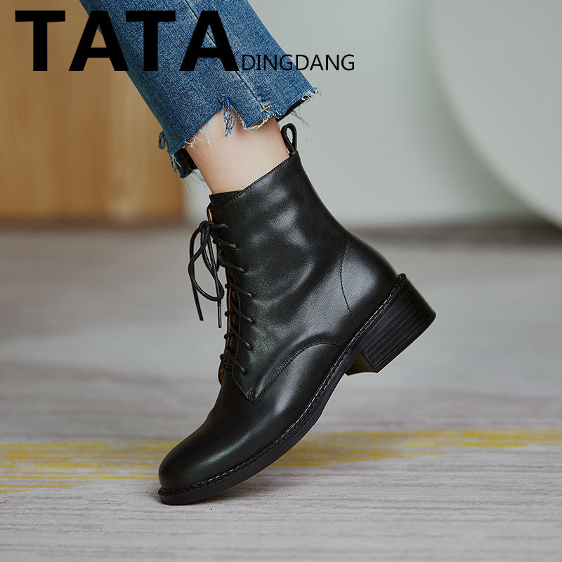 Tata Dingdang Martin boots rough heels riding boots English wind short boots she female shoes plus thin boots