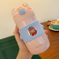 Cute straw thermos cup female small portable creative student water cup simple fresh Mori girl Cup Anti-fall