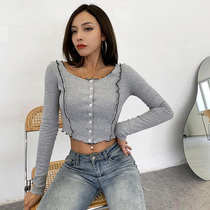 Spring Summer 2021 European and American gray wood ear knit shirt solid color womens new fashion short thin single-breasted cardigan
