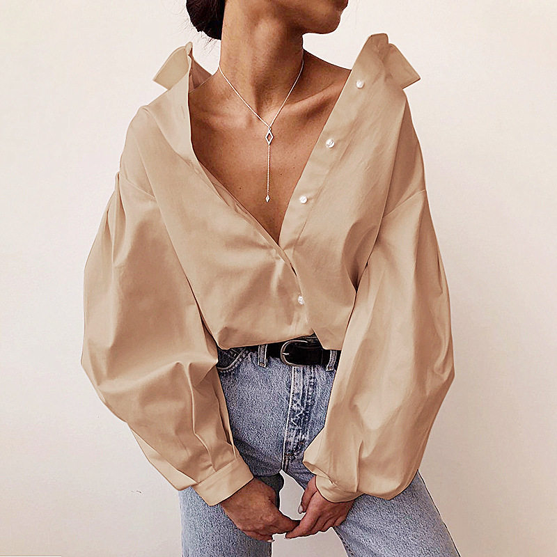 European and American 2021 new Inlan wind shuttle cozy single-row buttoned cardiovert lantern sleeves Long sleeves shirt blouses ladies