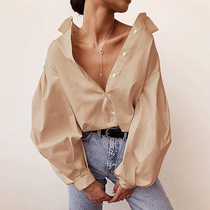 European and American 2021 new Inlan wind shuttle cozy single-row buttoned cardiovert lantern sleeves Long sleeves shirt blouses ladies