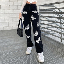2021 Spring new European and American womens clothing high waist butterfly printed bump color loose display slim straight drum long pants jeans