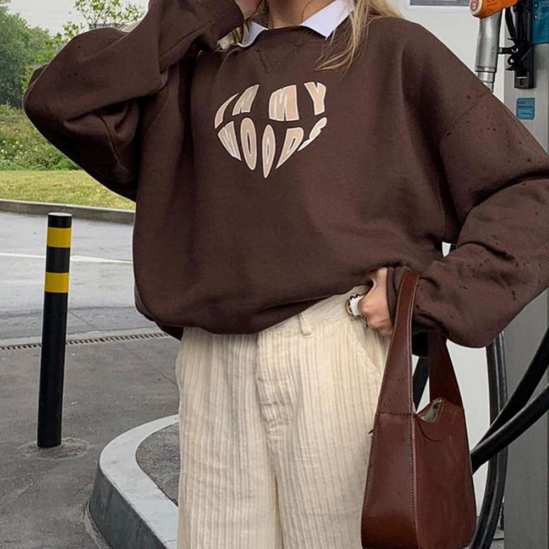 2021 autumn European and American new female street wind loving printing loose casual brown cover head round neck long sleeve thick cotton T