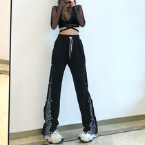 2021 Spring and American wind womens clothing featured open fork BAO WEN splicing four-fit buckle tightness high waist strap casual pants long pants