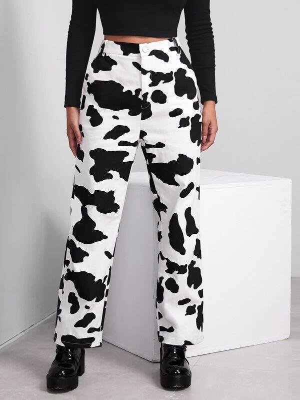 2025 Spring and Autumn European and American Street Fashion Women's Cow Print High-Waisted Casual Personality Print Loose Straight-Leg Jeans
