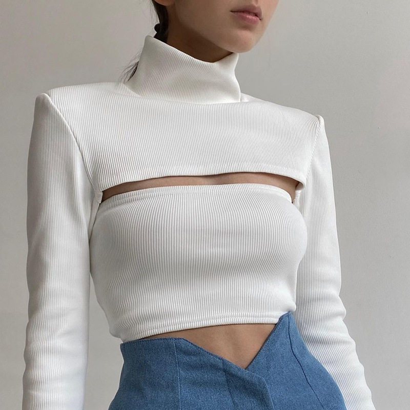 2021 fall new women's dress pure color European and American high collar knit body black sexy hollowed-out long sleeve T-shirt blouses