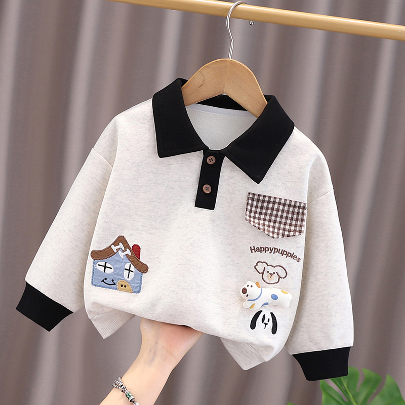 Baby Boy Fleece Sweatshirt Winter New Style Toddler Cartoon Lapel Top Boys Spring and Autumn Polo Shirt