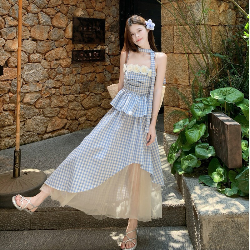 Dopamine Blue Spaghetti Strap Dress for Women, Summer 2026 New Style, Stunning Outfit for Beach Vacation, Long Dress Set