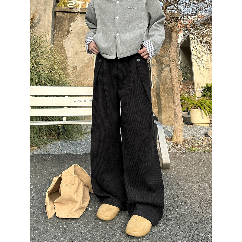 Yorkzoom Autumn American Style A-Pleated Button Loose Floor-Length Casual Pants Dog-Walking Trousers Vintage Drape Versatile