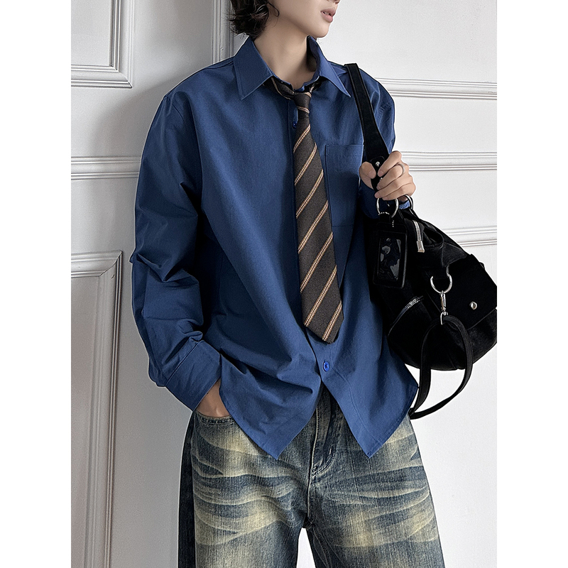Autumn Old Money Style Klein Blue Korean Casual Fashion Versatile Loose Slimming Lapel Long-Sleeve Shirt Retro