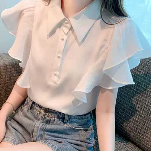 Шифоновая летняя рубашка, короткий рукав, по фигуре