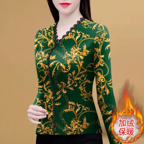 Кружевная флисовая приятная телу осенняя демисезонная футболка, для среднего возраста, в западном стиле, V-образный вырез, облегающий крой