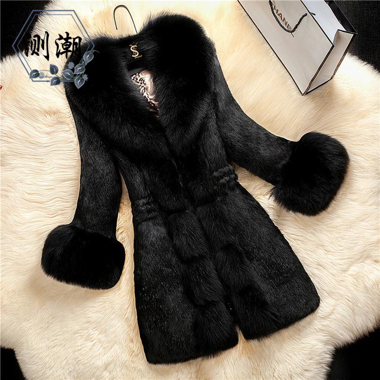 Black2020 new pattern Autumn and winter Big size Women's wear rabbit 's hair leather and fur loose coat Medium and long term Imitation Fox fur collar keep warm overcoat fashion