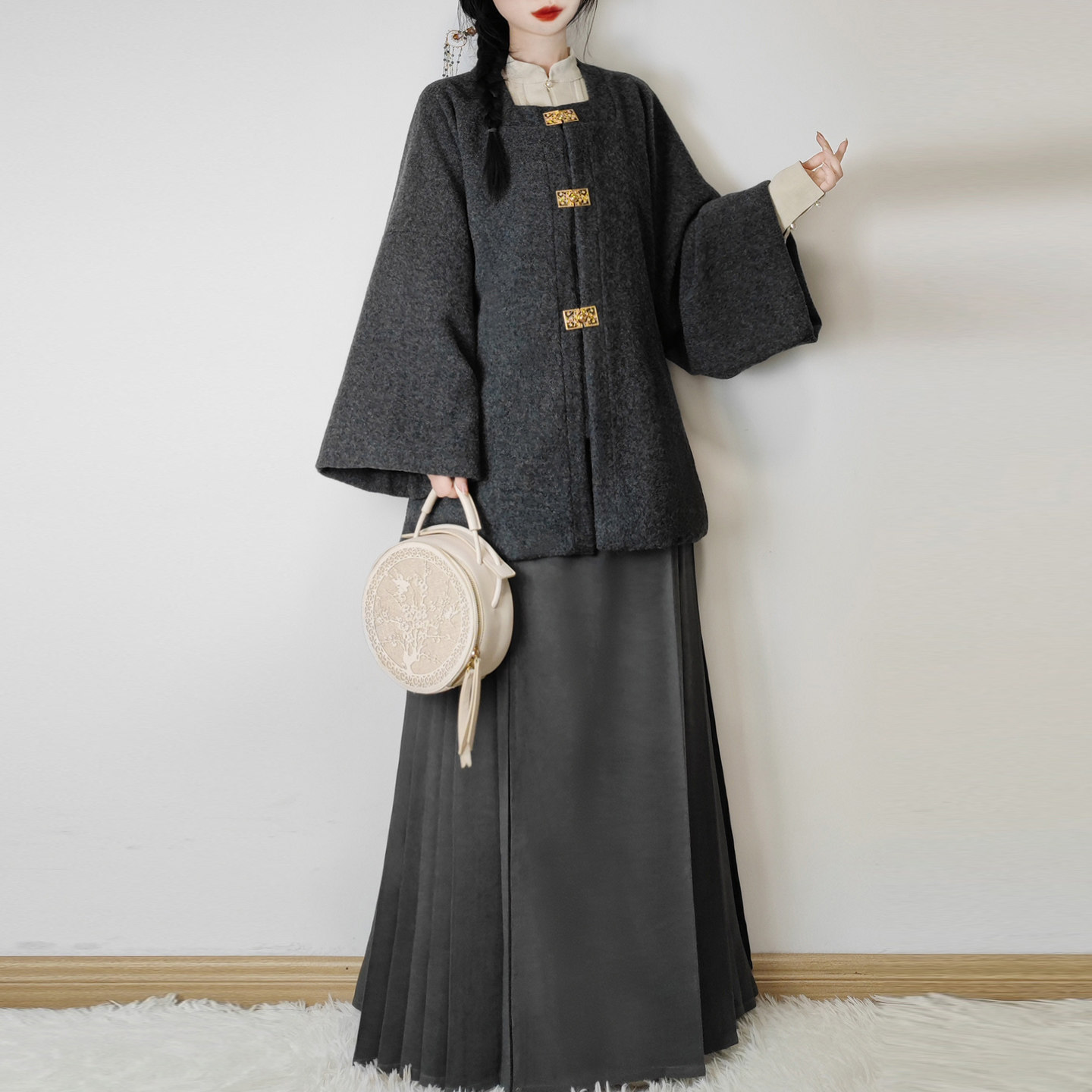 Женский улучшенный кардиган Mi Jinming Hanfu, рукав с бантиком и карманом, костюм с юбкой-лошадкой, утепленный на осень и зиму, универсальный на каждый день Изображение 1