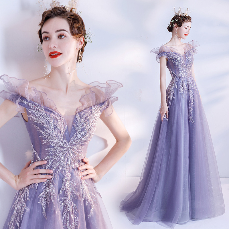 2026 New Romantic and Dazzling Purple Elegant Long Bridal Wedding Toast Dress Banquet Wedding Dress Evening Gown for Autumn and Winter