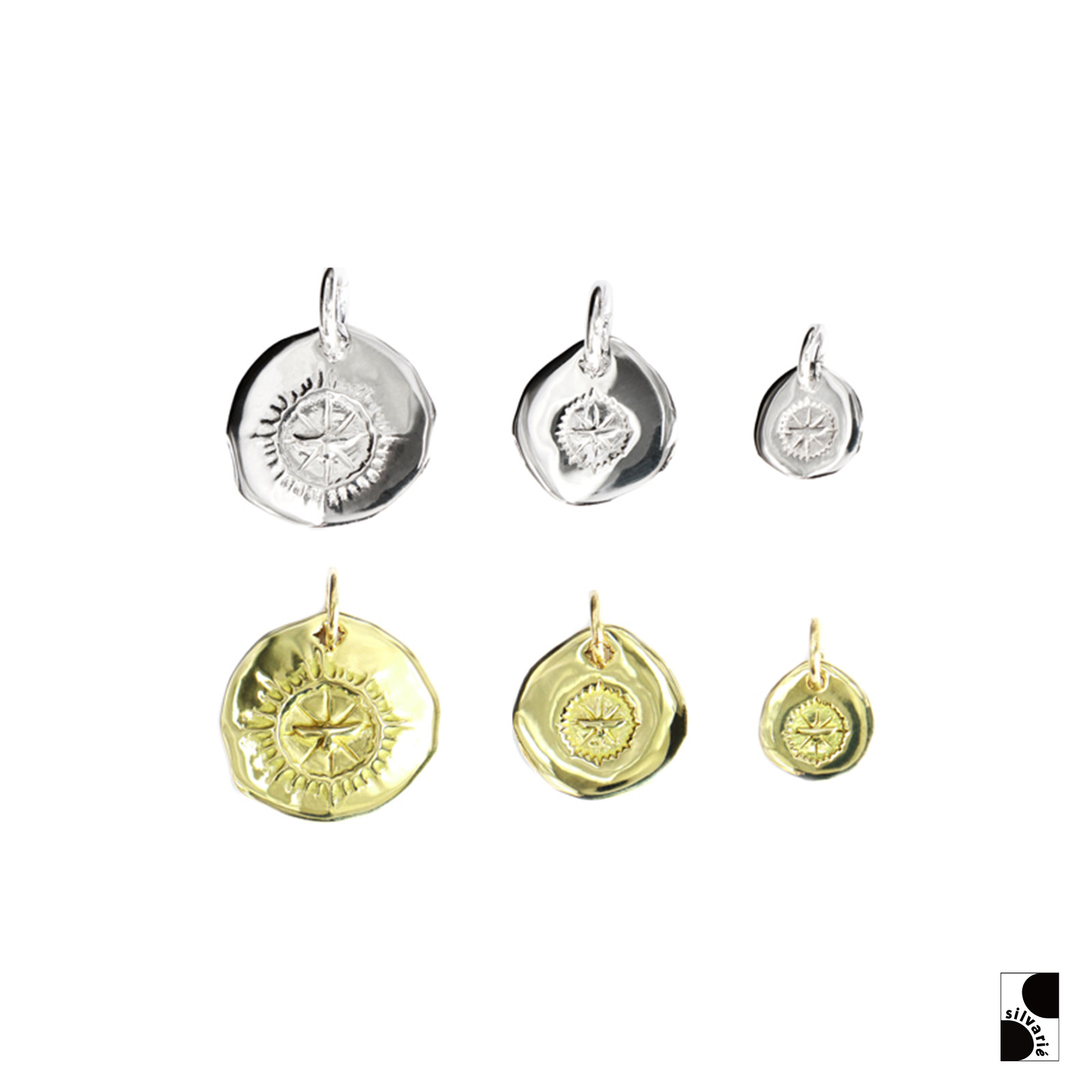 =silvarie=GOD SUNS Necklace with Sharp Objects Small Round Cake Silver Cake Gold Cake 18K Gold Sterling Silver Small Pendant