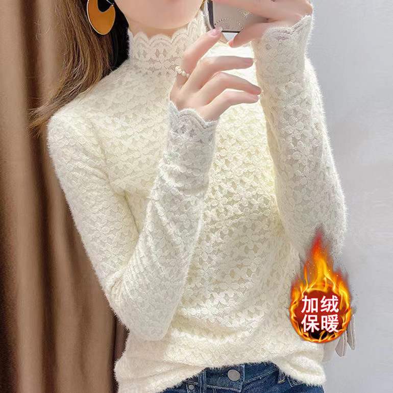 Early Spring New Style 2026 Brushed Lace Base Shirt for Women, Autumn and Winter Stylish Fleece-Lined Top, High-Neck Warm Undershirt