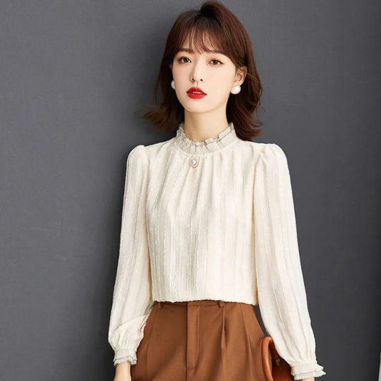 2025 frühjahr neue tops plus größe frauen mode chiffon-shirts frauen lose langärmelige frauen spitze bodenbildung shirts