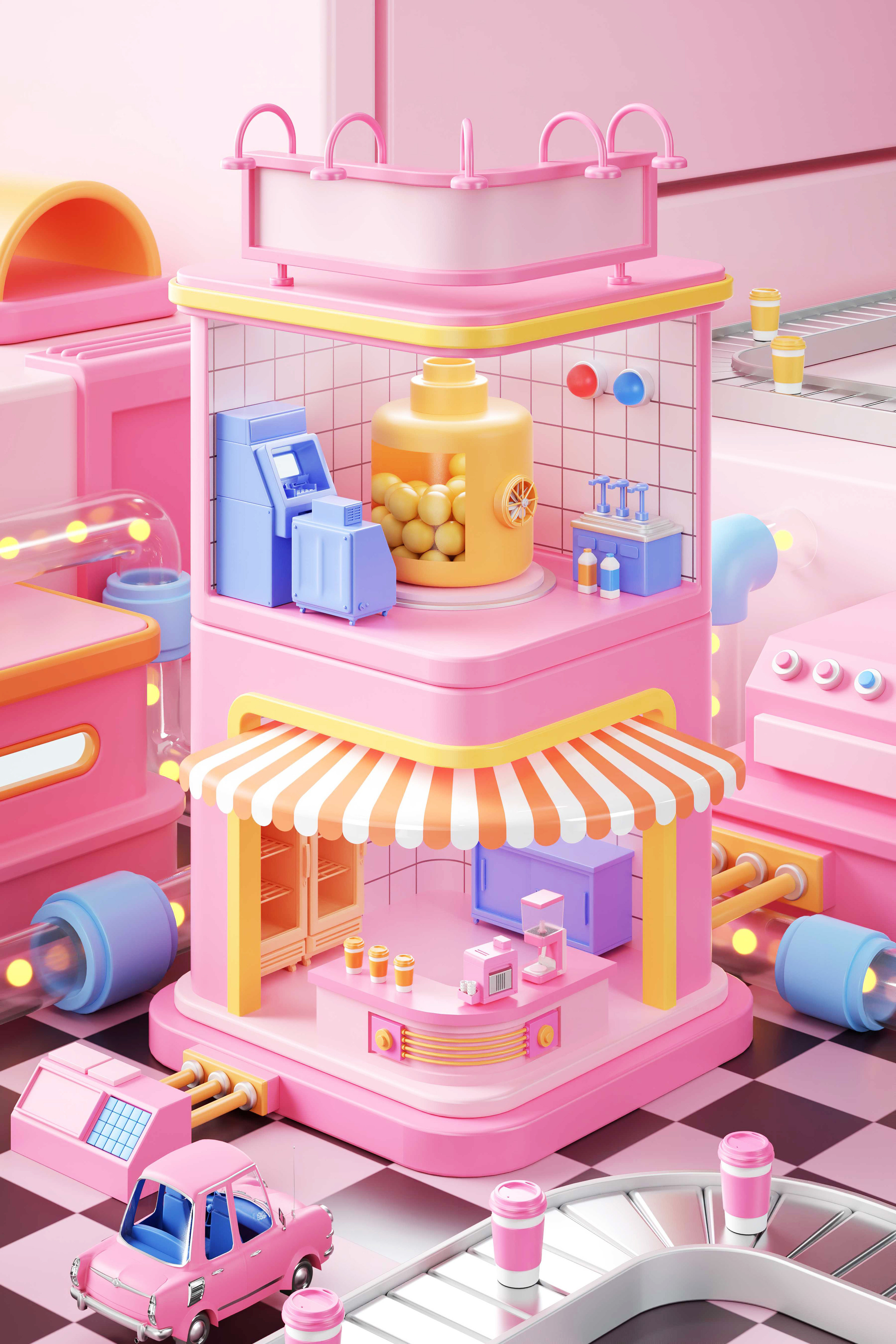 C4D创意饮料奶茶餐饮美食商店工厂电商OC渲染3D立体场景-cg男孩