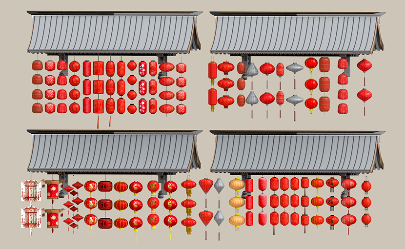 中式灯笼花灯装饰灯中秋灯会复古建筑创意场景SU模型C4D素材FBX-cg男孩