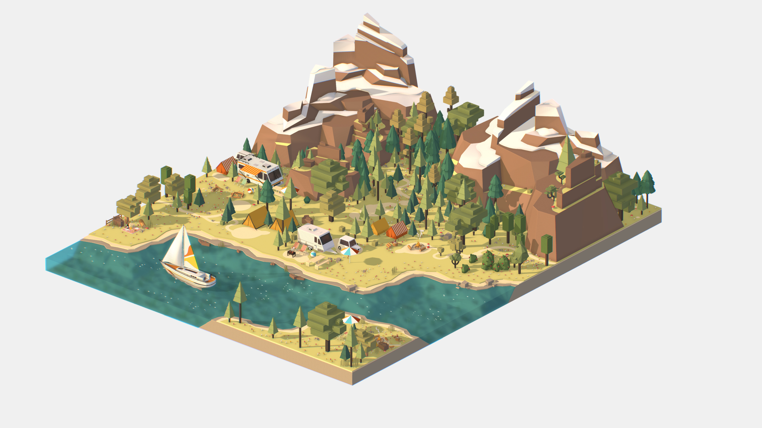 blender卡通等距风格自然风景C4D郊外露营3D场景山川河流fbx/obj-cg男孩