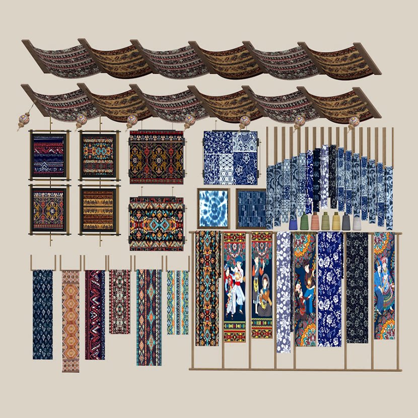 中式布料合集刺绣蜡染布民族风墙饰布艺吊顶布SU模型C4D素材FBX-cg男孩