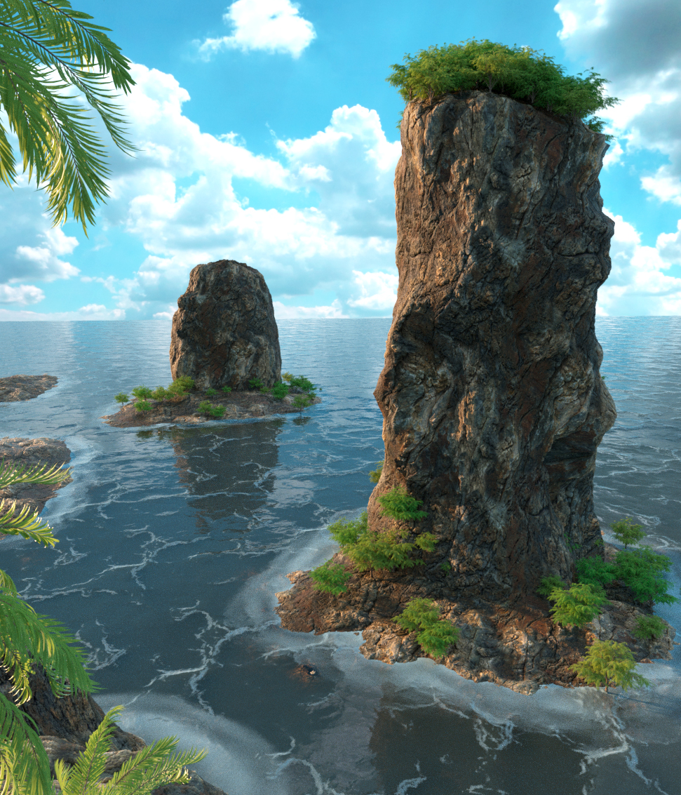 C4D海岛植物树木山峰海洋OC渲染模型场景-cg男孩